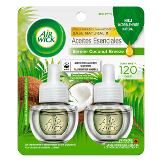 AIR WICK AROMATIZANTE DE AMBIENTE CONTINUO SERENE COCONUT BREEZE, 2 REPUESTOS DE 20 mL C/U